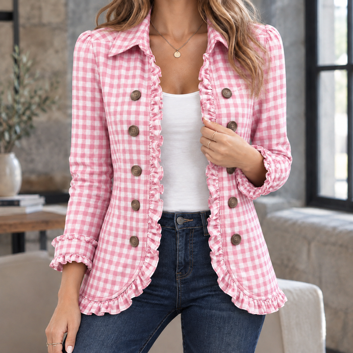 Women's Ruffle-Trim Fitted Jacket with Double Buttons Maude – Pink Gingham – front