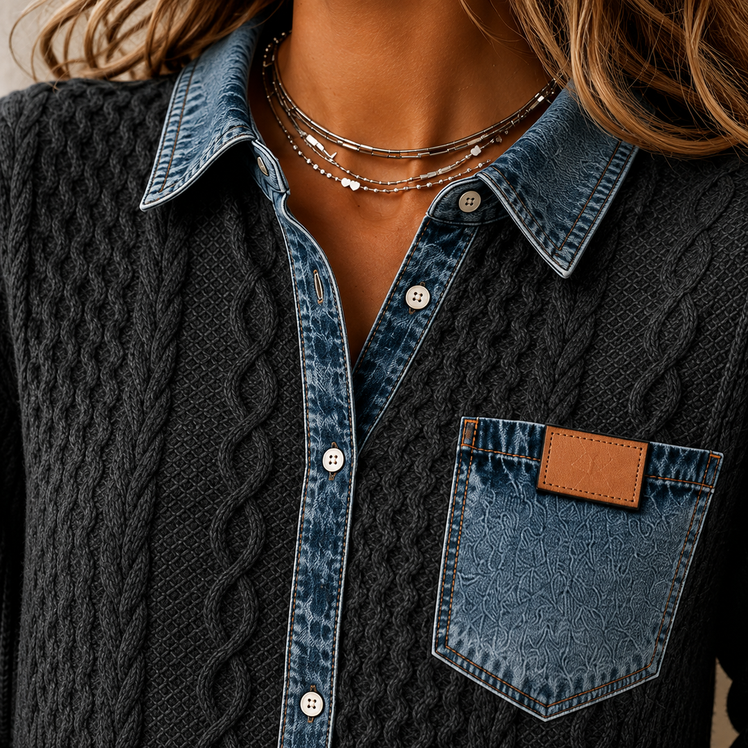 Women's Cable Knit Shacket with Denim Collar & Cuffs Oriana – Black – collar and pocket detail