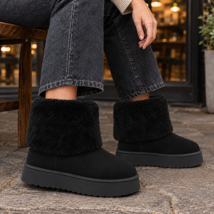 Langdale women's plush cuff platform ankle boots in Black – side view
