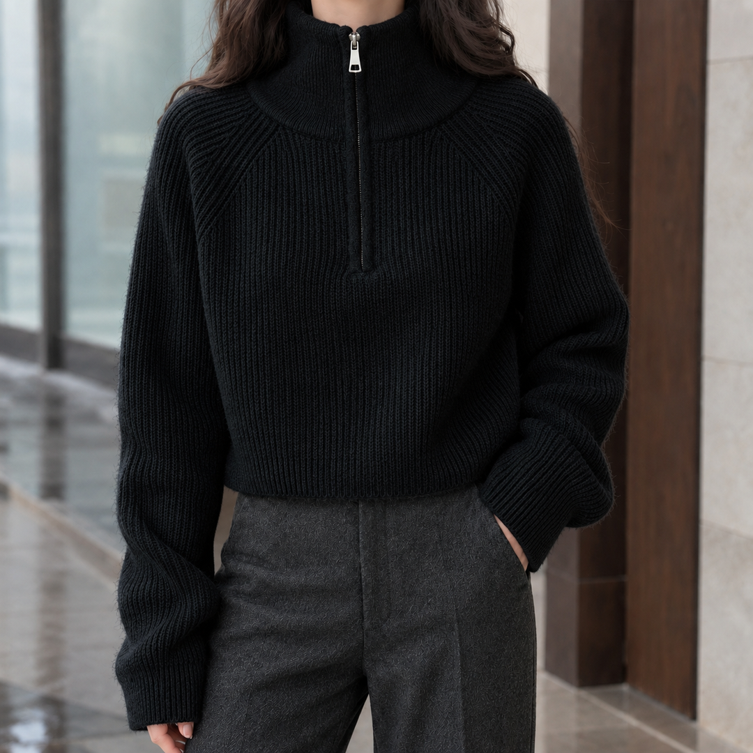 Women's Cropped Ribbed Half-Zip Jumper – Tegwen – Black – front view