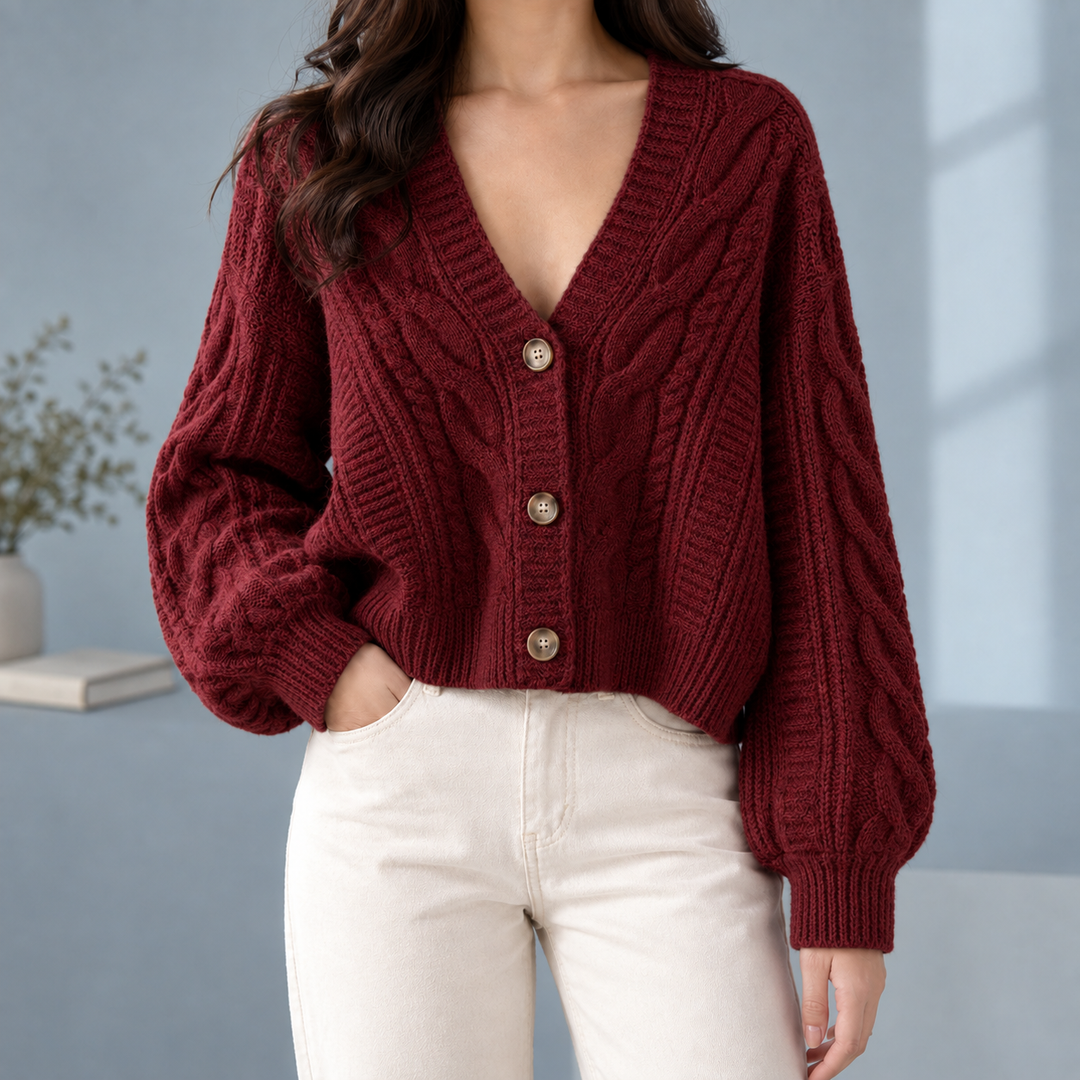 Ysella - Women's cropped cable knit cardigan in Red – front view