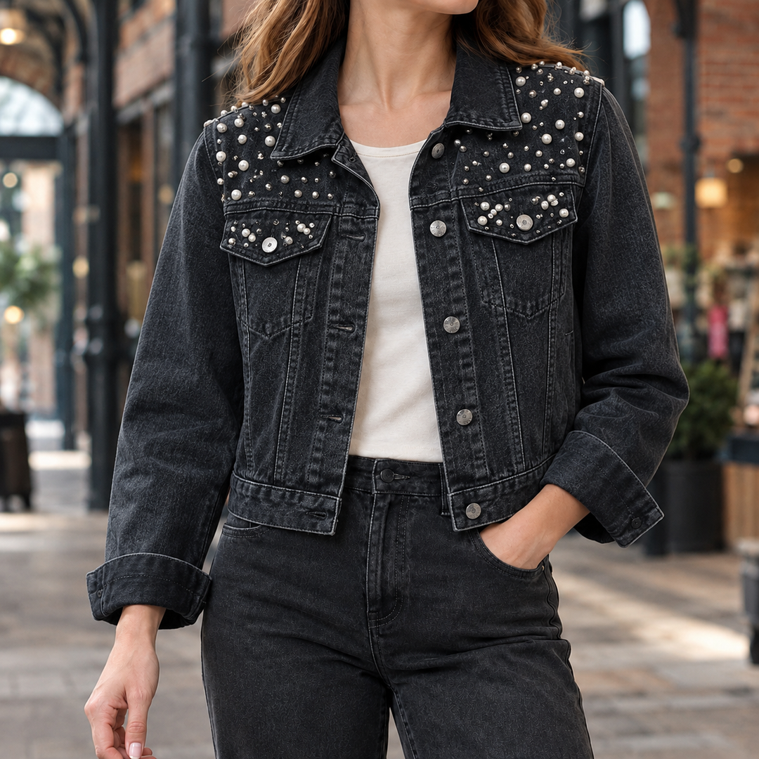 Women's Cropped Denim Jacket with Pearl Embellishment – Llandeilo – Black – front view