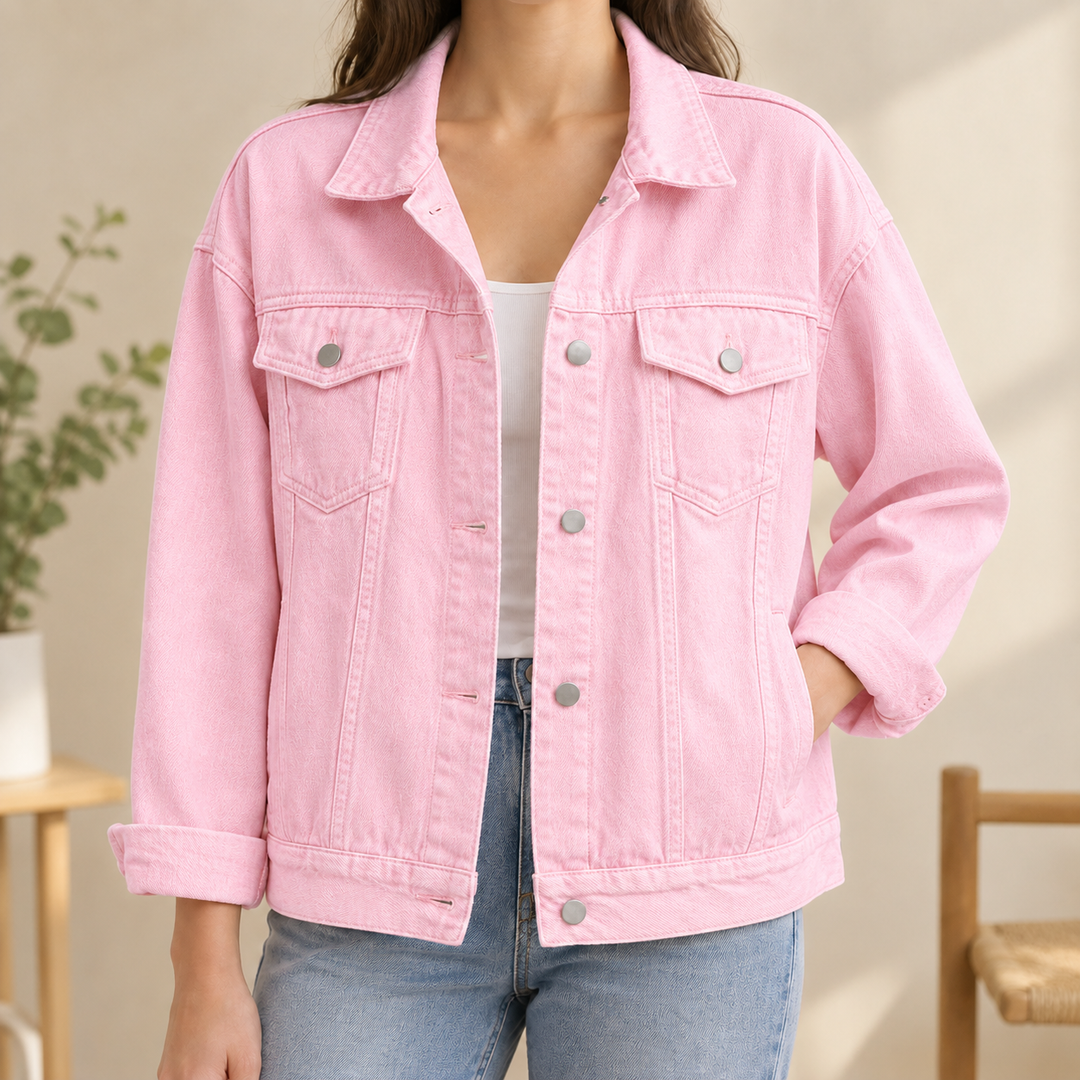 Women's Relaxed Denim Jacket with Four Pockets Tamsyn – Pink – front