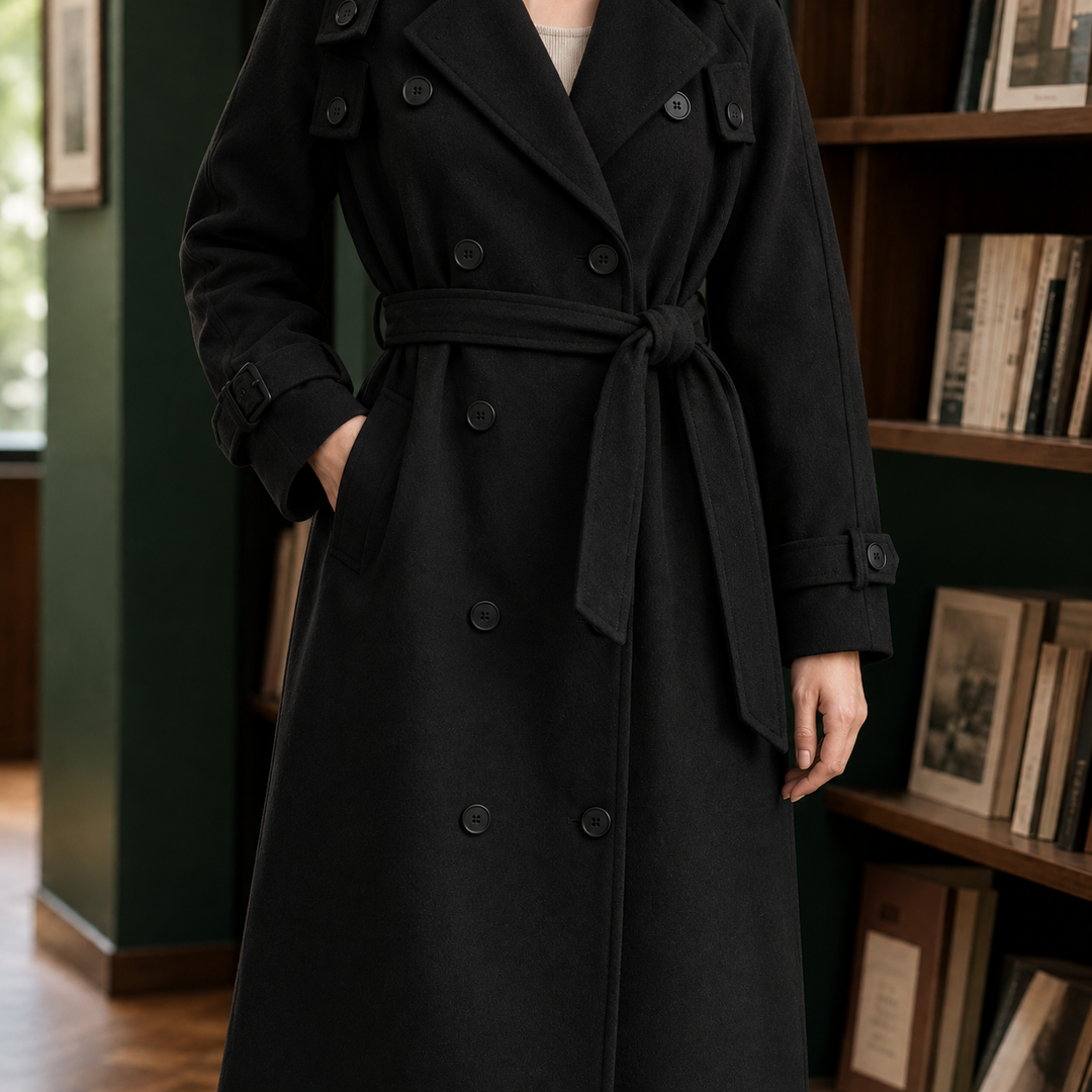 Portree women's soft-touch longline coat in Black – front view