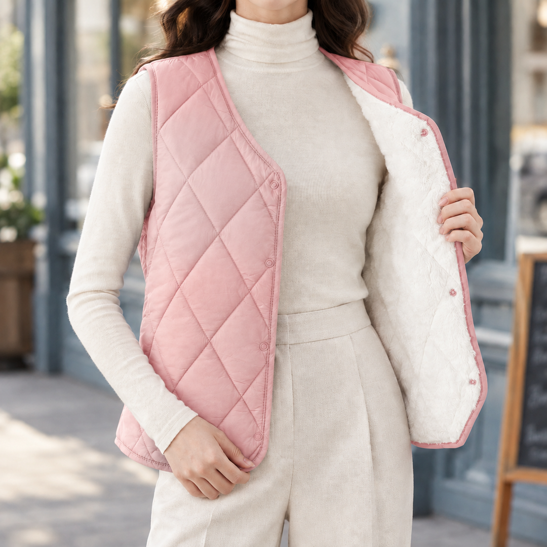 Women's Diamond Quilted Gilet with Plush Lining – Lerwick – Blush Pink – front view showing lining