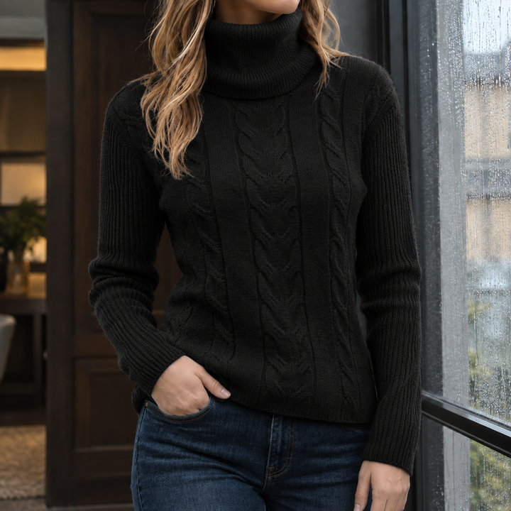 Women's cable knit roll neck Dinah in Black – front view