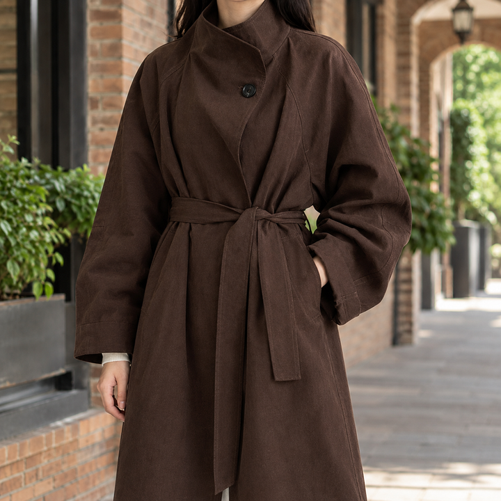 Prestbury women's longline overcoat in Brown – belted front view