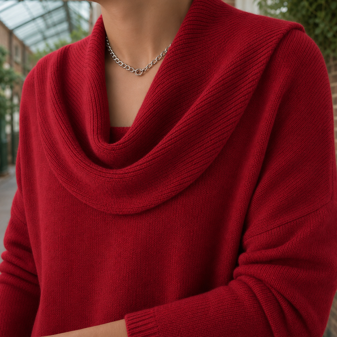 Kirstin - Women's cowl neck jumper in Red – cowl neck detail