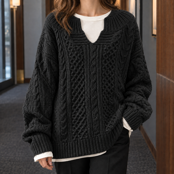 Women's Oversized Cable Knit Split Neck Jumper – Rhona – Black – front view