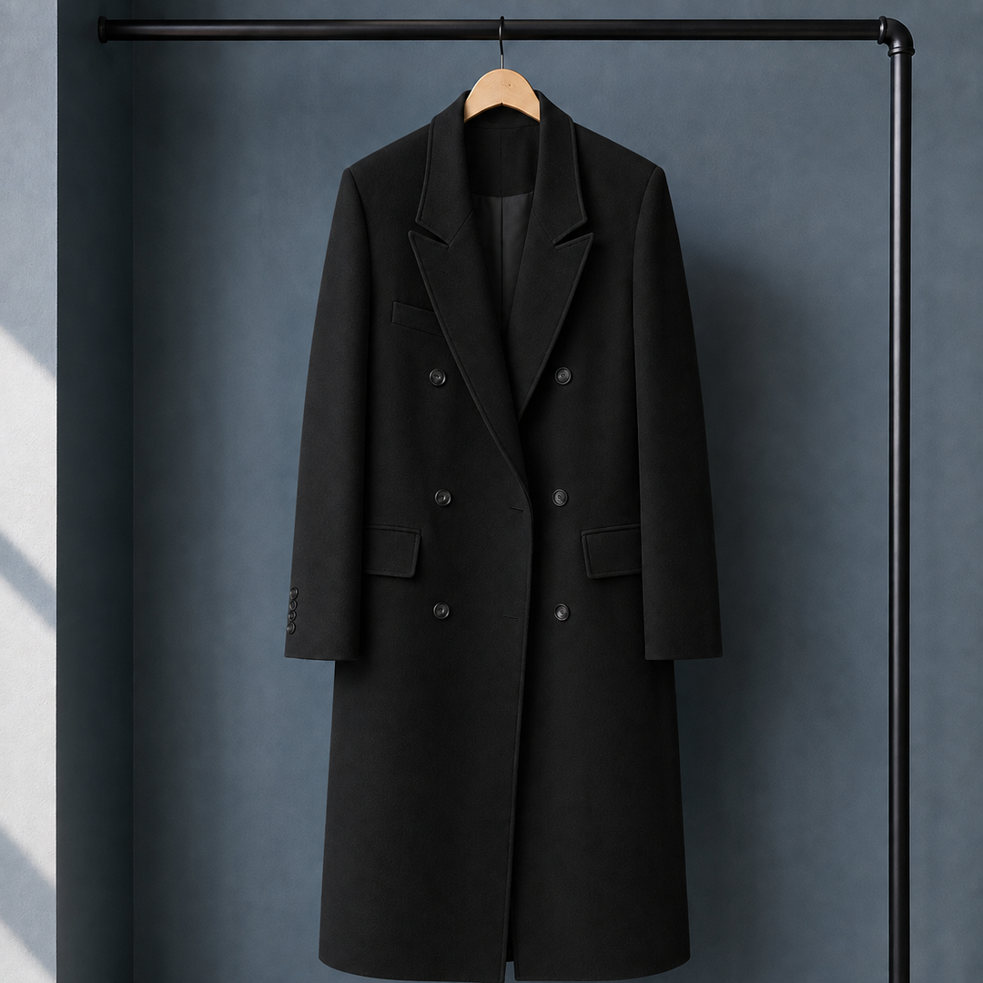 Women's Double-Breasted Longline Coat with Peak Lapels – Woolacombe – Black – front view