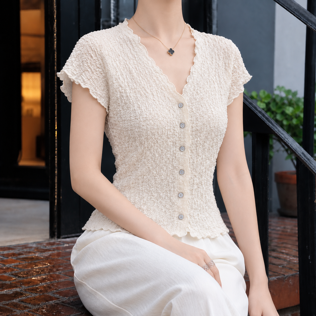 Women's crinkle knit cardigan Trudy in Ivory – front view