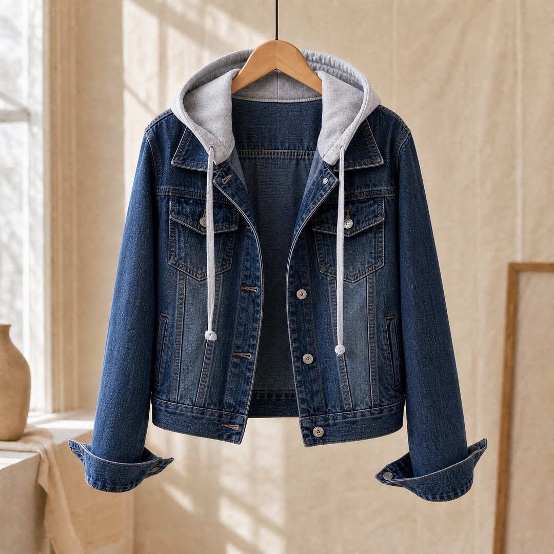 Harpenden women's hooded denim jacket in Dark Blue – front view
