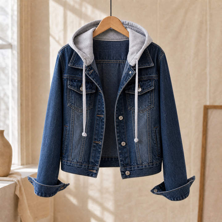 Harpenden women's hooded denim jacket in Dark Blue – front view