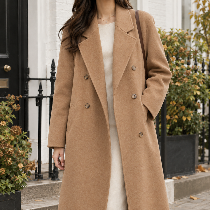 Portmeirion women's longline overcoat in Camel – front view