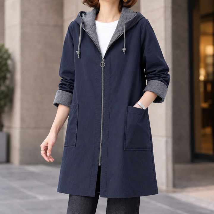 Bosham women's hooded zip-up coat in Navy – front view