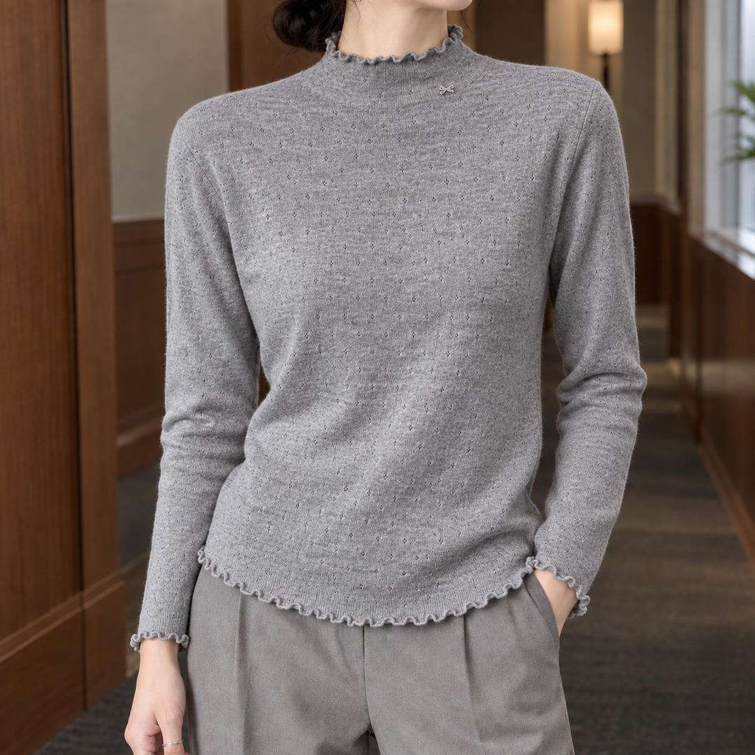 Women's Pointelle Mock Neck Jumper with Lettuce Edge Trim – Ishbel – Grey – front view