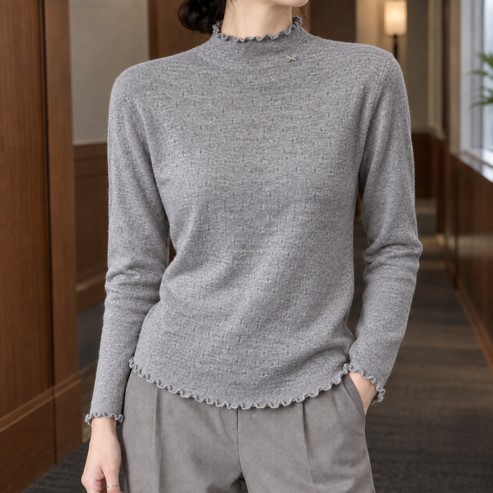 Women's Pointelle Mock Neck Jumper with Lettuce Edge Trim – Ishbel – Grey – front view