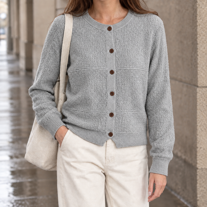 Women's Textured Knit Crew Neck Cardigan with Contrast Buttons – Jenifry – Grey – front view