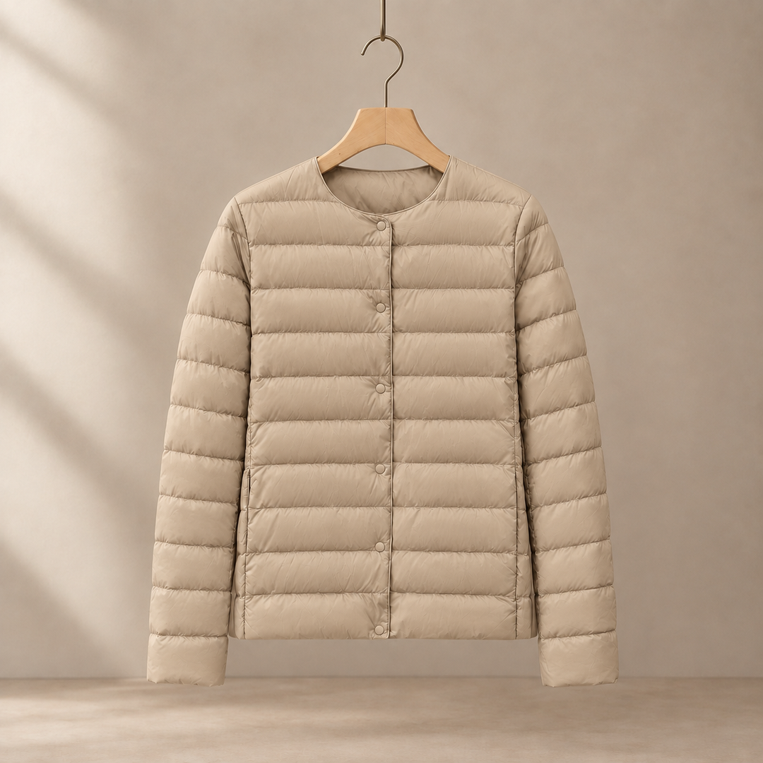 Women's Collarless Lightweight Quilted Jacket with Snap Front – Clitheroe – Stone – front view