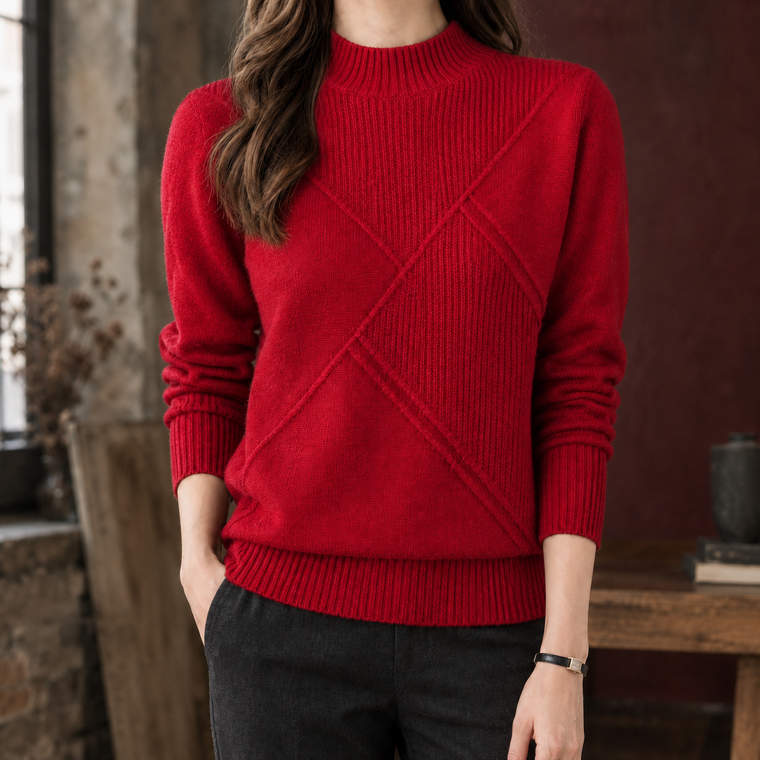 Women's Wool Blend Mock Neck Jumper with Geometric Rib Detail – Rhoswen – Red – front view
