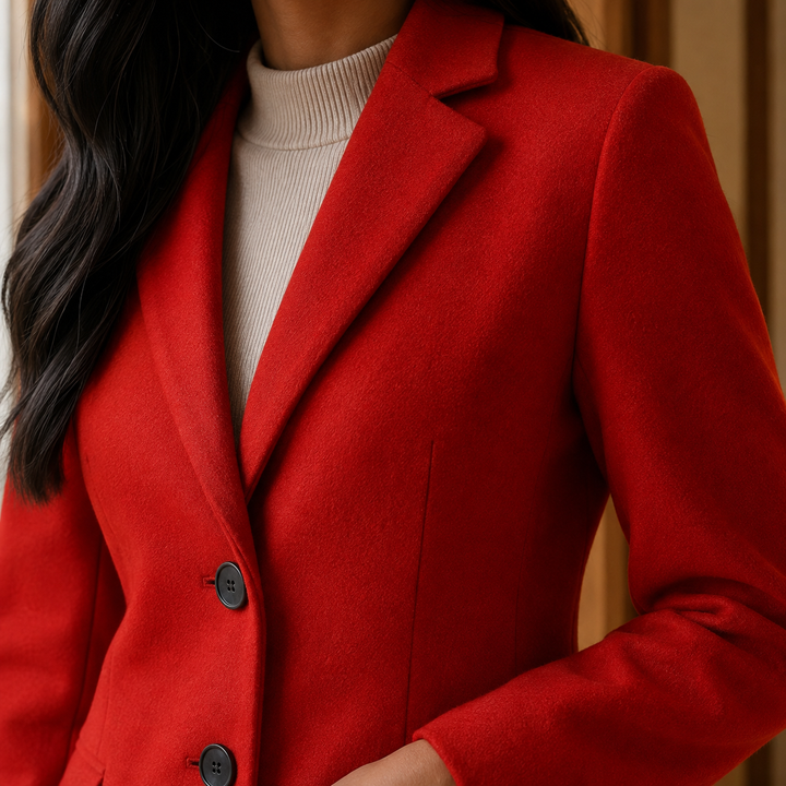 Women's Tailored Wool-Look Coat with Notch Lapels – Appleby – Red – lapel detail view