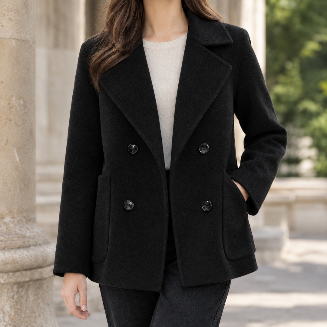 Penzance women's short pea jacket in Black – front view