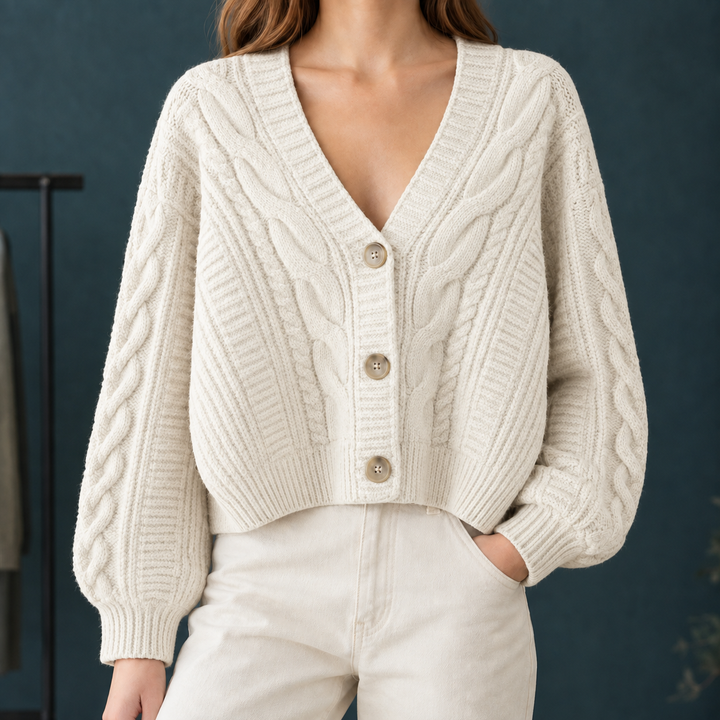 Women's Cropped Cable Knit V-Neck Cardigan – Branwen – Ivory – front view