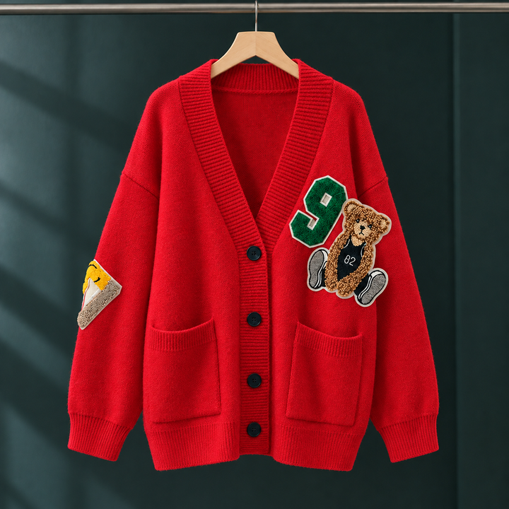 Robyn - Women's bear appliqué cardigan in Red – front view