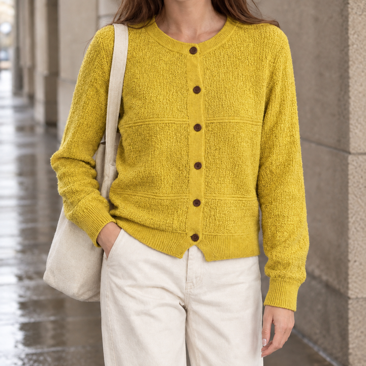 Women's Textured Knit Crew Neck Cardigan with Contrast Buttons – Jenifry – Mustard – front view