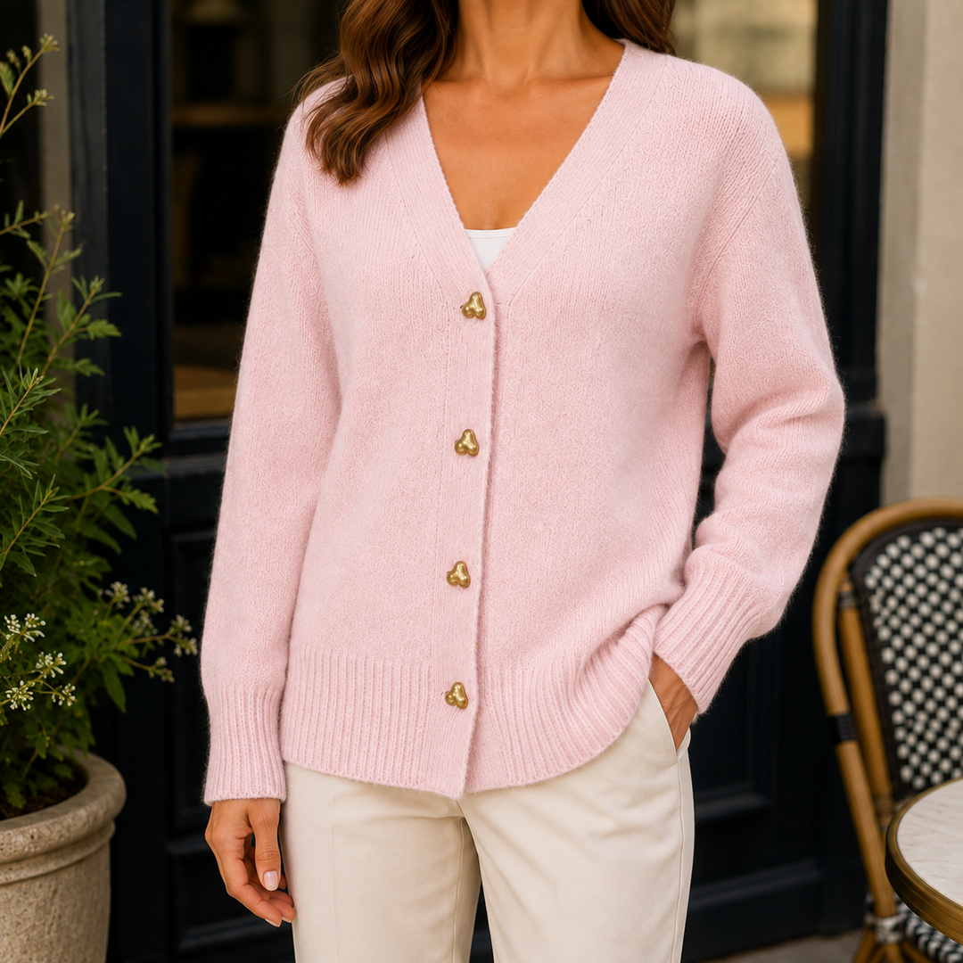 Blodwen - Women's heart button cardigan in Pink – front view