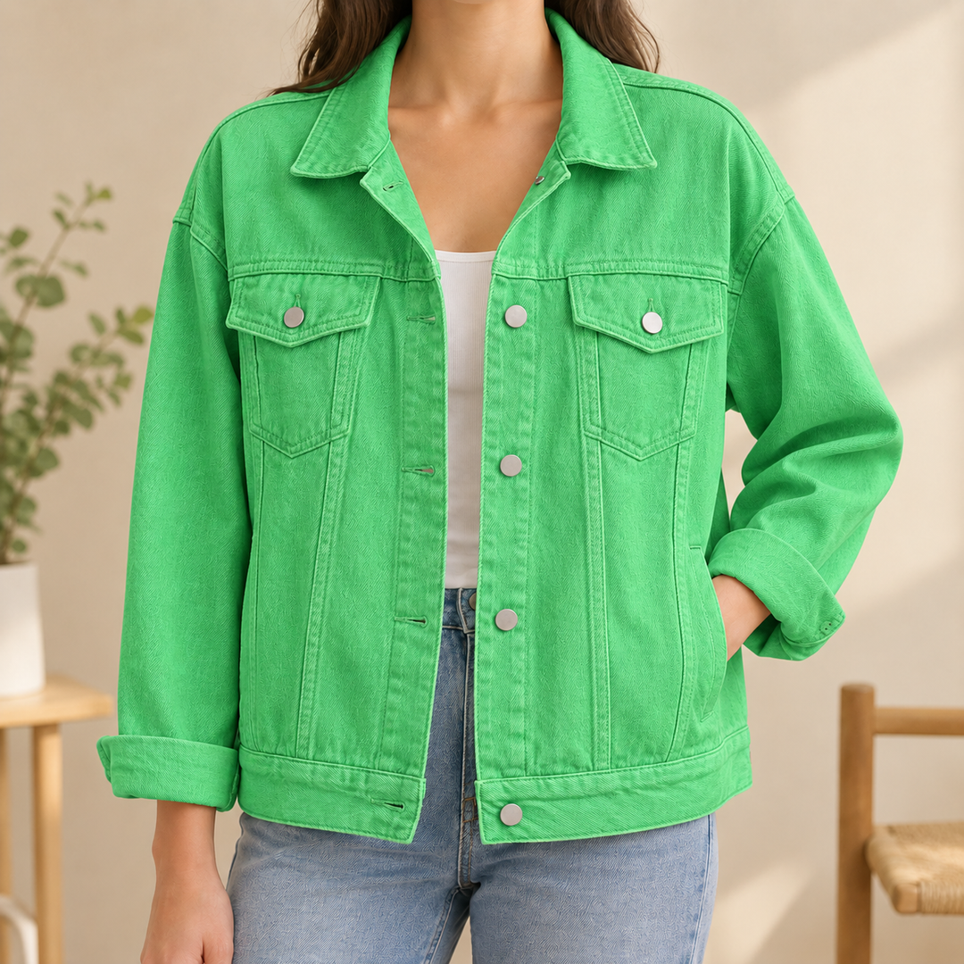 Women's Relaxed Denim Jacket with Four Pockets Tamsyn – Green – front
