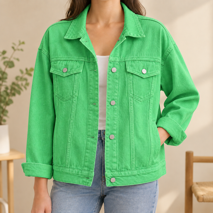 Women's Relaxed Denim Jacket with Four Pockets Tamsyn – Green – front