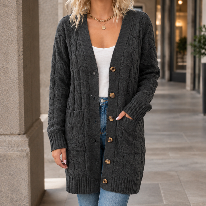 Theodosia - Women's cable knit cardigan in Dark Grey – alternate view