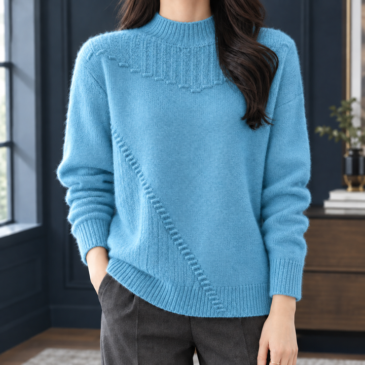 Women's Textured Yoke Mock Neck Jumper – Thora – Blue – front view