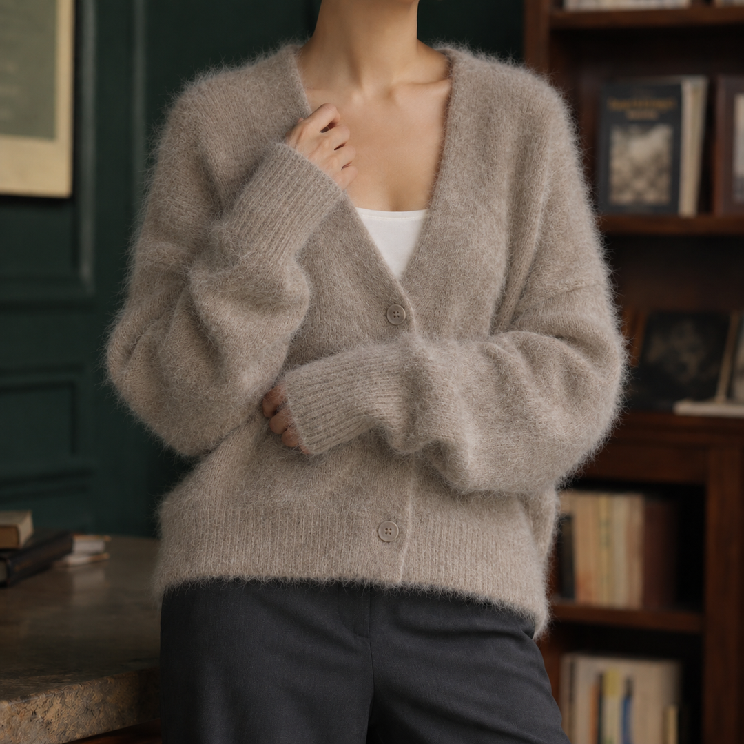Women's fluffy V-neck cardigan Carrie in Taupe – front view