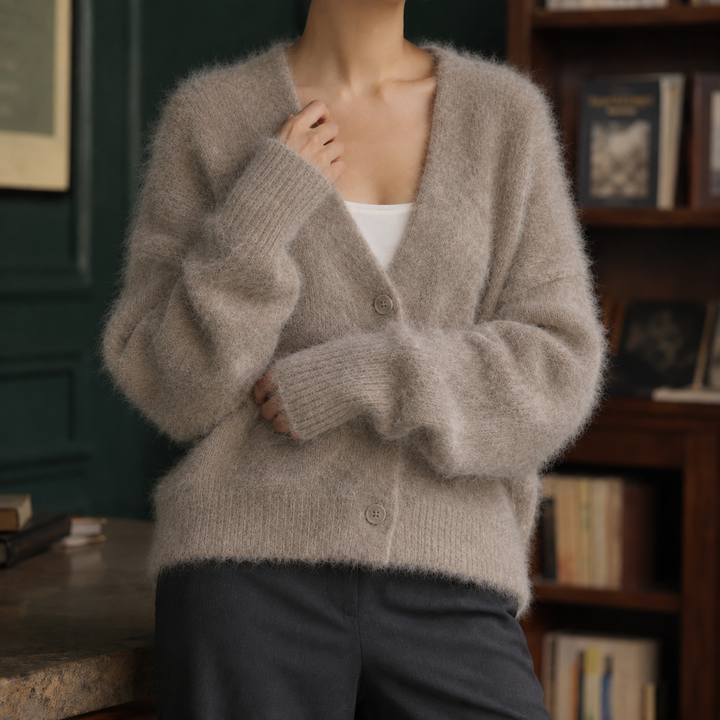 Women's fluffy V-neck cardigan Carrie in Taupe – front view