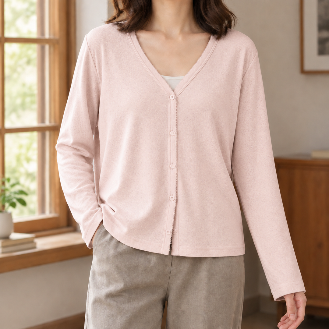 Women's Lightweight V-Neck Button-Through Cardigan – Sidony – Pearl Pink – front view