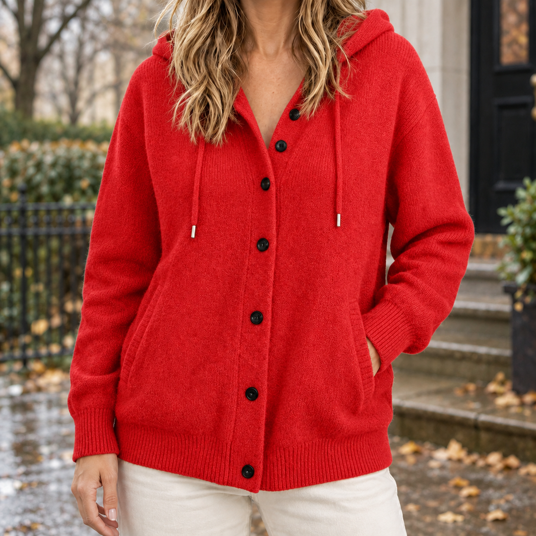Damaris - Women's hooded cardigan in Red – front view