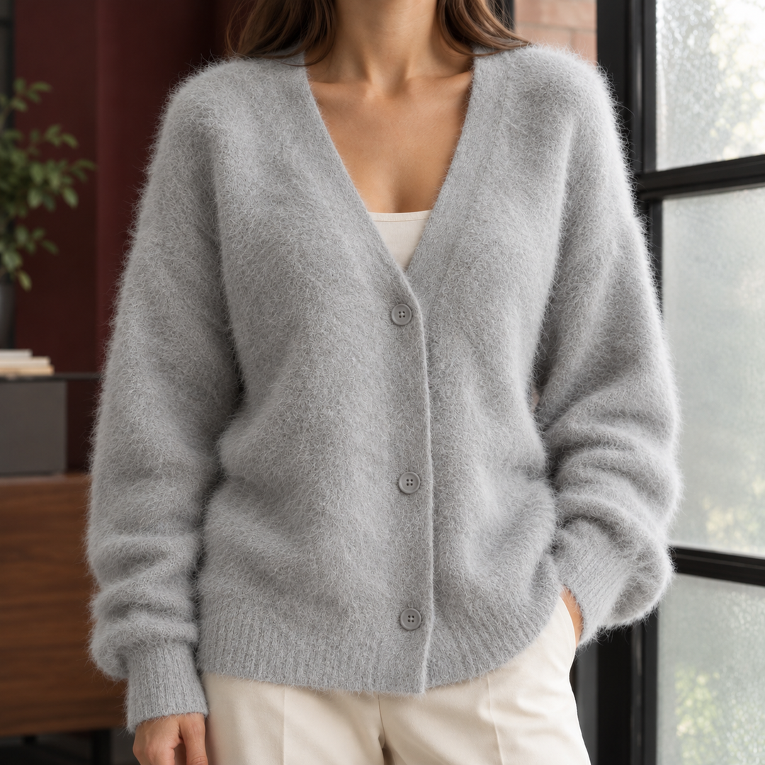 Women's Oversized Fluffy Wool-Blend V-Neck Cardigan – Georgette – Light Grey – front view