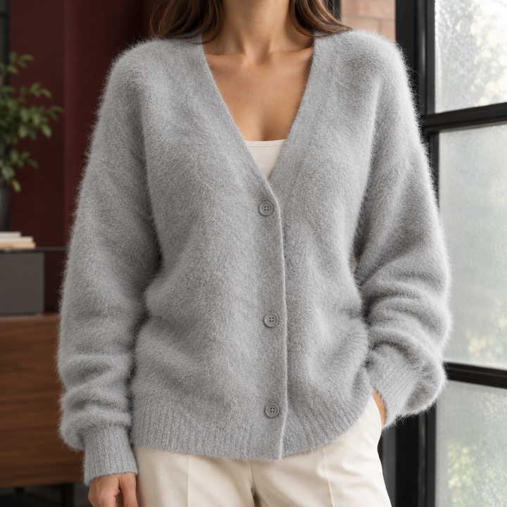 Women's Oversized Fluffy Wool-Blend V-Neck Cardigan – Georgette – Light Grey – front view