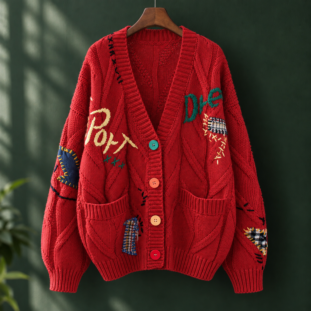 Hermione - Women's embroidered cable knit cardigan in Red – front view