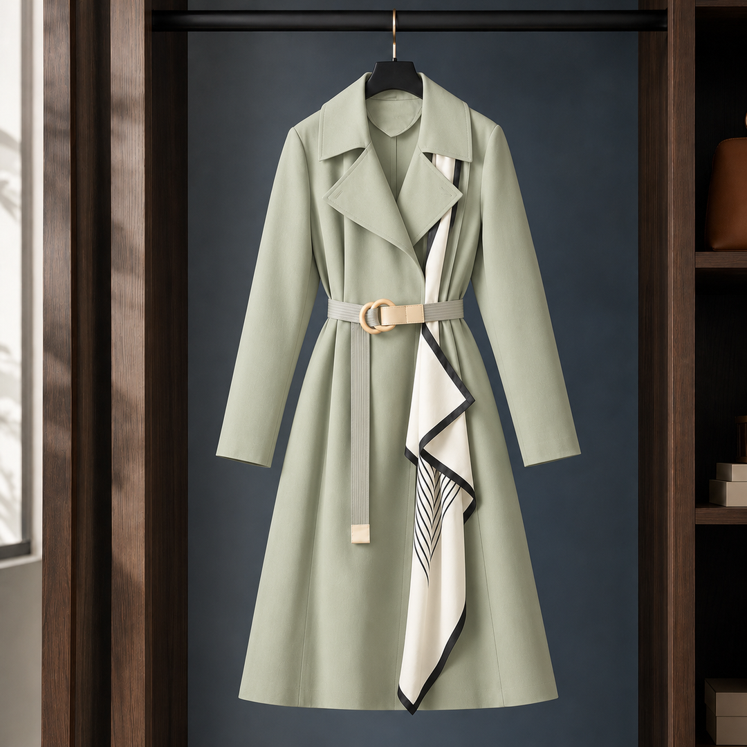 Blandford women's belted overcoat in Sage Green – front view