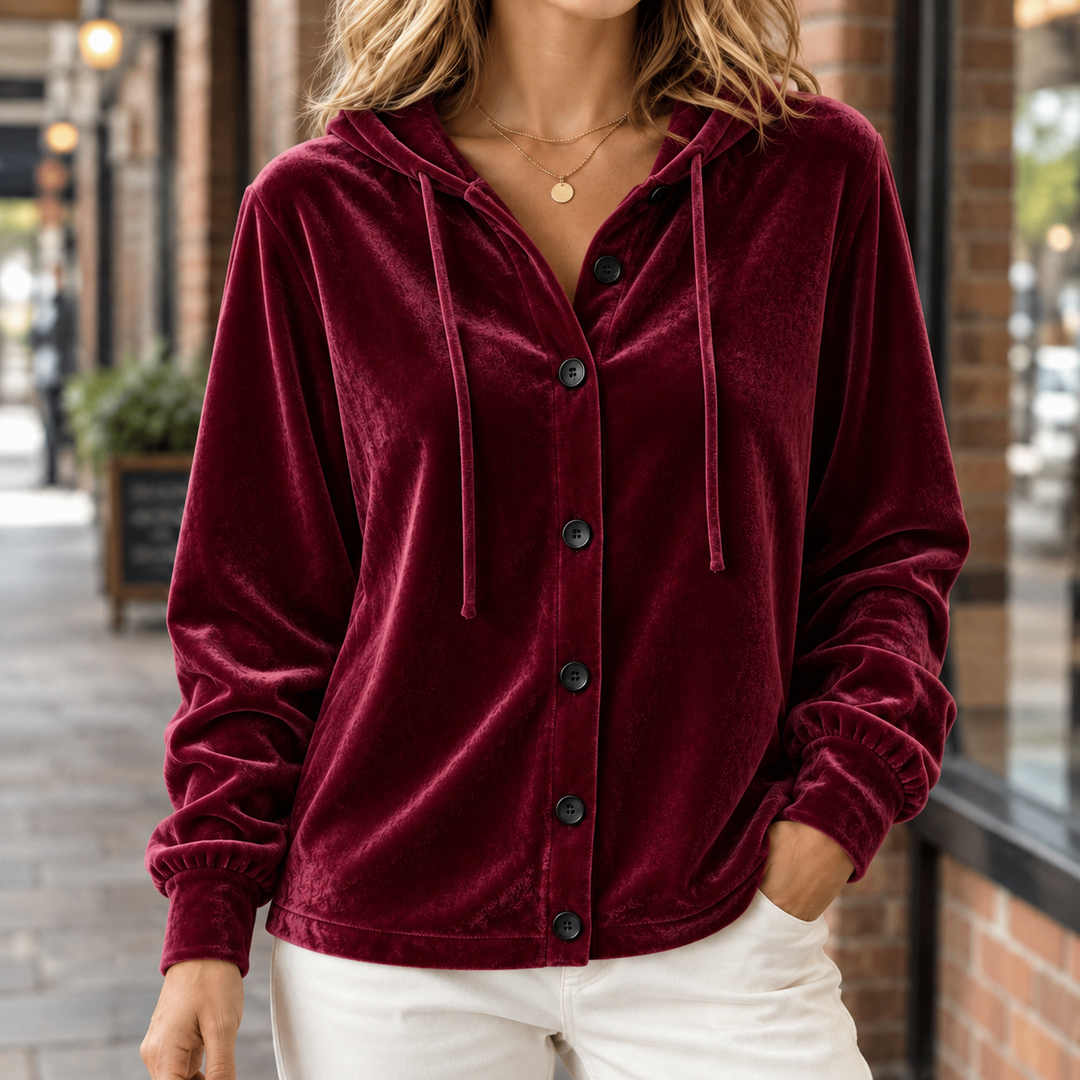 Women's Hooded Velvet Shacket with Drawstring Kerenza – Burgundy – front