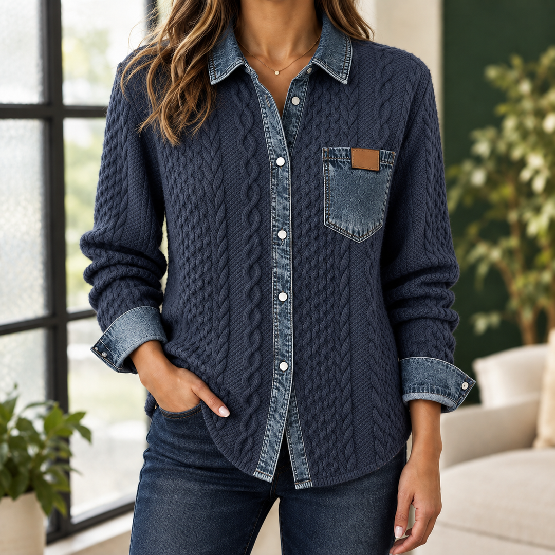 Women's Cable Knit Shacket with Denim Trim Sunniva – Navy – front