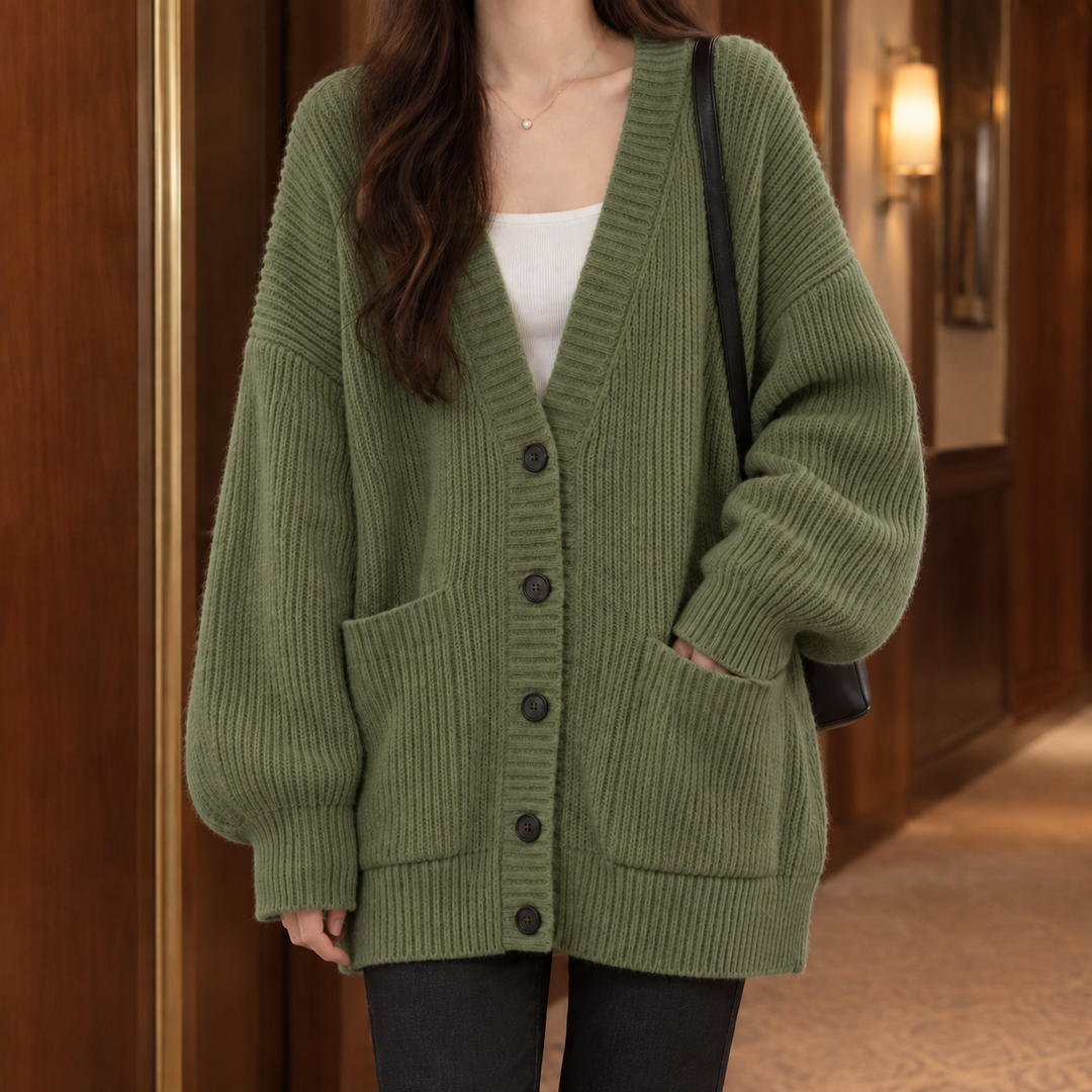 Morag - Women's ribbed cardigan in Khaki Green – front view