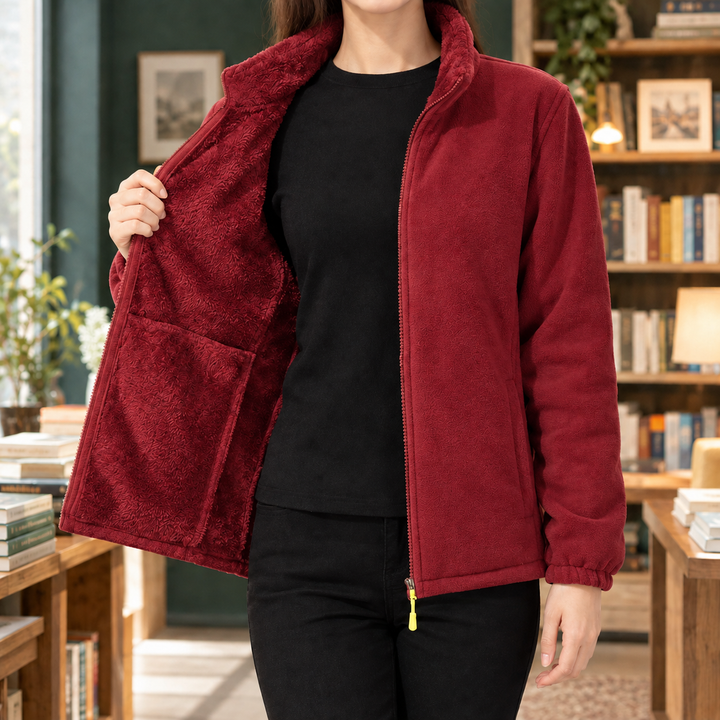 Totnes women's fleece jacket in Burgundy – front view, open