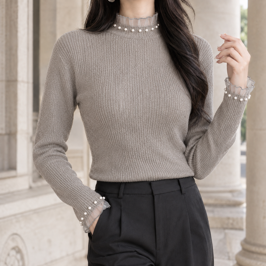 Roisin - Women's mock neck jumper in Stone – front view