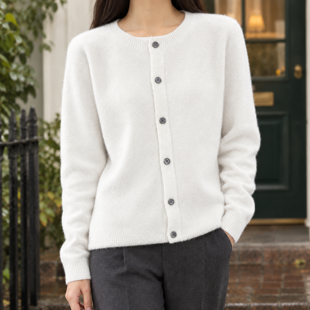 Women's Wool Crew Neck Button-Through Cardigan – Gwenllian – White – front view