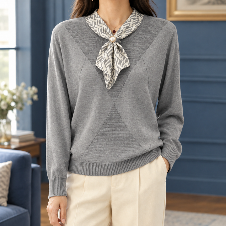 Women's Fine Knit Jumper with Scarf Neck Tie – Marcelle – Grey – front view