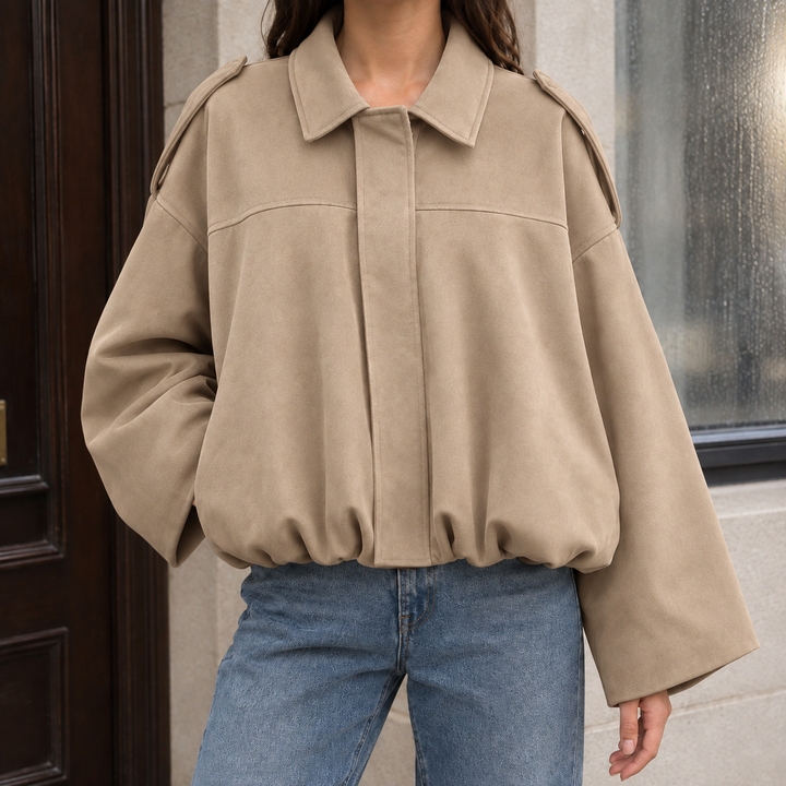 Lamberhurst women's suede-effect bomber jacket in Stone – front view